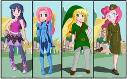 Size: 1031x643 | Tagged: safe, applejack, fluttershy, pinkie pie, twilight sparkle, human, g4, applelink, clothes, cosplay, costume, humanized, link, magical friends, metroid, samus aran, the legend of zelda, zero suit