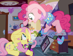 Size: 1000x773 | Tagged: safe, artist:pixelkitties, fluttershy, pinkie pie, pegasus, equestria girls, g4, my little pony equestria girls: rainbow rocks, book, clothes, female, flashlight (object), making faces with a flashlight, pajamas, plushie, pounce, scary stories to tell in the dark, scene interpretation, slippers, surprised, wing hands