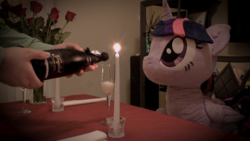 Size: 1920x1080 | Tagged: safe, artist:plushwaifus, photographer:corpulentbrony, twilight sparkle, alicorn, pony, g4, /mlp/, 4chan, alcohol, bouquet, candle, candlelight, chair, champagne, corpulent brony, cute, female, flower, forever alone, glass, hand, hearts and hooves day, irl, life size, looking up, mare, meme, photo, plushie, pouring, rose, sitting, smiling, solo focus, table, twiabetes, twilight sparkle (alicorn), valentine, valentine's day, waifu, waifu dinner, wine