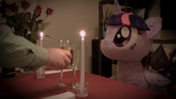 Size: 1920x1080 | Tagged: safe, artist:plushwaifus, photographer:corpulentbrony, /mlp/, 4chan, alcohol, bread, candle, candlelight, champagne, corpulent brony, flower, food, hearts and hooves day, irl, life size, photo, plushie, rose, toast, valentine, valentine's day, waifu, waifu dinner, wine