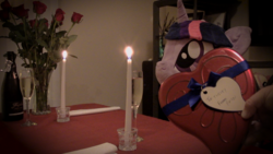 Size: 1920x1080 | Tagged: safe, artist:plushwaifus, photographer:corpulentbrony, /mlp/, 4chan, alcohol, anonymous, candle, candlelight, champagne, chocolate, chocolates, corpulent brony, flower, food, hearts and hooves day, irl, life size, photo, plushie, present, rose, valentine, valentine's day, waifu, waifu dinner, wine