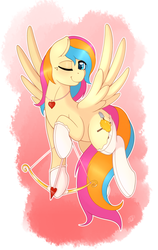 Size: 1024x1624 | Tagged: safe, artist:ratofdrawn, oc, oc only, oc:golden gates, pegasus, pony, babscon, babscon mascots, clothes, cupid, heart eyes, lingerie, solo, stockings, valentine's day, wingding eyes, wink