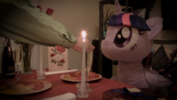 Size: 1920x1080 | Tagged: safe, artist:plushwaifus, photographer:corpulentbrony, twilight sparkle, g4, /mlp/, 4chan, alcohol, candle, candlelight, champagne, chocolate, chocolates, corpulent brony, feeding, feeding ponies, flower, food, hearts and hooves day, irl, life size, pasta, photo, plushie, present, rose, spaghetti, spaghetti scene, twilight sparkle plushie, valentine, valentine's day, valentine's day card, waifu, waifu dinner, wine