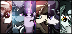 Size: 10800x5100 | Tagged: safe, artist:flamevulture17, lyra heartstrings, moondancer, starlight glimmer, sunset shimmer, trixie, twilight sparkle, alicorn, pony, unicorn, g4, absurd resolution, counterparts, female, magical quintet, magical sextet, mare, twilight sparkle (alicorn), twilight's counterparts