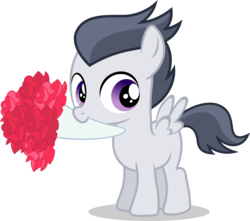 Size: 981x868 | Tagged: safe, artist:punzil504, rumble, pegasus, pony, g4, bouquet, colt, cute, flower, flower in mouth, male, mouth hold, rose, rumblebetes, simple background, solo, transparent background, vector
