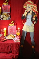 Size: 3072x4576 | Tagged: safe, artist:yuuto, sunset shimmer, equestria girls, g4, candle, clothes, cutout, food, hot dog, irl, ketchup, life size, meat, mustard, photo, poem, sauce, sausage, smiling, solo, valentine's day, waifu dinner