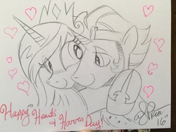 Size: 1024x768 | Tagged: safe, artist:andypriceart, king sombra, princess celestia, alicorn, pony, unicorn, g4, cute, cutelestia, female, good king sombra, heart, hearts and hooves day, male, mare, monochrome, ship:celestibra, shipping, sombradorable, stallion, straight, sweet dreams fuel, traditional art