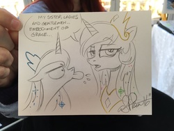Size: 1024x768 | Tagged: safe, artist:andypriceart, princess celestia, princess luna, pony, :p, celestia is not amused, female, floppy ears, glare, majestic as fuck, mare, open mouth, raspberry, sisters, tongue out, traditional art, unamused, wide eyes