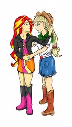 Size: 548x960 | Tagged: safe, artist:sufit, applejack, sunset shimmer, equestria girls, g4, female, humanized, lesbian, ship:appleshimmer, shipping