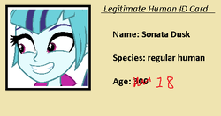 Size: 484x256 | Tagged: safe, sonata dusk, equestria girls, g4, fake id, fake id card, id card, seems legit, student id