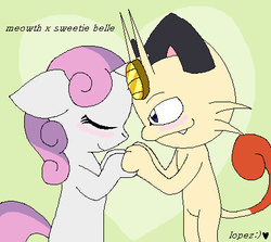 Size: 427x381 | Tagged: safe, artist:lopez765, sweetie belle, meowth, pony, unicorn, g4, blushing, crack shipping, crossover, crossover shipping, female, filly, foal, meowthbelle, pokémon, shipping