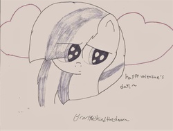 Size: 1600x1210 | Tagged: safe, artist:bronybehindthedoor, marble pie, g4, cute, female, heart, monochrome, signature, solo, traditional art, valentine's day