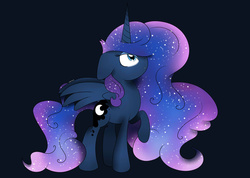 Size: 1024x731 | Tagged: safe, artist:theartistsora, princess luna, g4, :o, cute, dream, female, floppy ears, galaxy mane, hair over one eye, looking up, missing accessory, raised hoof, solo, spread wings, wide eyes