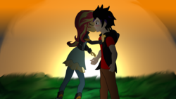 Size: 3900x2200 | Tagged: safe, artist:lifes-remedy, sunset shimmer, oc, equestria girls, g4, canon x oc, cheek kiss, female, high res, kissing, male, romance, shipping, short story, straight, sunset, valentine's day