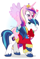 Size: 650x950 | Tagged: safe, artist:dm29, princess cadance, shining armor, g4, bouquet, cadance riding shining armor, female, heart, hearts and hooves day, husband and wife, male, ponies riding ponies, riding, rose, ship:shiningcadance, shipping, simple background, straight, transparent background, valentine's day