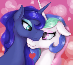 Size: 1077x951 | Tagged: safe, artist:nalesia, princess celestia, princess luna, alicorn, pony, g4, abstract background, blushing, female, floppy ears, heart, incest, lesbian, looking at each other, nuzzling, ship:princest, shipping, siblings, valentine's day