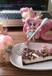 Size: 1439x2097 | Tagged: safe, fluttershy, equestria girls, g4, cake, cheesecake, clothes, doll, equestria girls minis, eqventures of the minis, figure, food, fork, funko, hearts and hooves day, irl, multeity, photo, skirt, so much flutter, tank top, toy, valentine's day, waifu, waifu date, waifu dinner