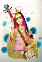 Size: 600x870 | Tagged: safe, artist:amypeterson, princess cadance, human, g4, alternate hairstyle, clothes, female, humanized, kimono (clothing), legend of the five rings, musical instrument, shamisen, solo, traditional art, watermark