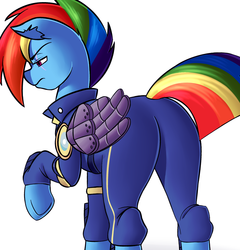 Size: 2500x2600 | Tagged: safe, artist:mrw32, artist:rubywave32, rainbow dash, pegasus, pony, g4, the cutie re-mark, alternate timeline, apocalypse dash, butt, collaboration, crystal war timeline, female, high res, mare, plot, raised hoof, scar, simple background, solo, torn ear, white background