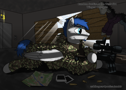 Size: 1280x914 | Tagged: safe, artist:guard-mod, oc, oc only, oc:wingedthoughts, elevator, ghillie suit, gun, m14, m14 ebr, map, military, mk 14, polaroid, rifle, scope, sniper, sniper rifle, soul patch, weapon