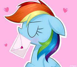 Size: 2300x2000 | Tagged: safe, artist:darkynez, rainbow dash, g4, annoyed, baka, blushing, cute, dashabetes, eyes closed, female, floppy ears, frown, heart, high res, letter, love letter, mouth hold, solo, tsunderainbow, tsundere