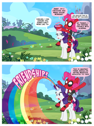 Size: 900x1204 | Tagged: safe, artist:pixelkitties, pinkie pie, rarity, earth pony, pony, unicorn, g4, clothes, comic, cosplay, costume, deadpool, dialogue, female, frown, green lantern, hello kitty, horn, hornjob, lidded eyes, magical unicorn mayonnaise, mare, marvel, open mouth, orgasm, pinkiepool, ponies riding ponies, rainbow, sanrio, shocked, shocked expression, speech bubble, unamused, valentine's day, wat, wide eyes