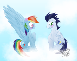 Size: 1024x801 | Tagged: dead source, safe, artist:northlights8, rainbow dash, soarin', pony, g4, blushing, cloud, female, male, ship:soarindash, shipping, straight