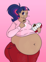 Size: 900x1200 | Tagged: dead source, safe, artist:bigponiesinc, twilight sparkle, human, ask feedee twilight, bbw, belly, belly button, big belly, chocolate, dark skin, eating, fat, female, food, gradient background, humanized, innie belly button, obese, solo, twibutt, twilard sparkle, valentine's day, wide hips
