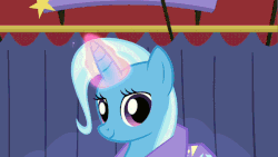 Size: 853x480 | Tagged: safe, edit, edited screencap, screencap, trixie, pony, unicorn, boast busters, g4, animated, deal with it, female, glowing horn, grin, hat, horn, i put on my robe and wizard hat, magic, mare, reversed, smirk, solo, telekinesis, trixie's hat