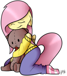 Size: 2393x2713 | Tagged: safe, artist:befishproductions, fluttershy, anthro, g4, clothes, cute, digital art, eyes closed, female, floppy ears, high res, hug, jeans, kneeling, off shoulder, off shoulder sweater, pants, pink hair, pink mane, pink tail, plushie, signature, simple background, socks, striped socks, sweater, sweatershy, teddy bear, transparent background, yellow coat, yellow sweater