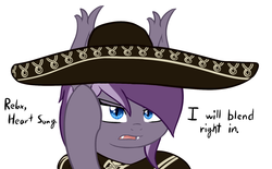 Size: 1280x793 | Tagged: safe, artist:phoenixswift, oc, oc only, oc:violet rose, bat pony, pony, crossover, dialogue, metal gear rising, solo, sombrero