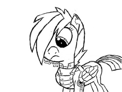 Size: 800x600 | Tagged: safe, artist:sunnyblam, rainbow dash, g4, the cutie re-mark, alternate timeline, apocalypse dash, crystal war timeline, female, monochrome, simple background, sketch, solo, torn ear