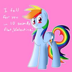 Size: 2000x2000 | Tagged: safe, artist:megaartist923, rainbow dash, g4, blushing, female, heart, high res, pink background, simple background, solo, valentine