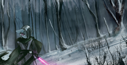 Size: 1500x774 | Tagged: safe, artist:foxinshadow, marble pie, earth pony, anthro, g4, crossover, female, forest, gray jedi, jedi, lightsaber, snow, solo, star wars, wallpaper, weapon