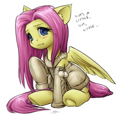 Size: 899x864 | Tagged: safe, artist:alloyrabbit, fluttershy, g4, blue eyes, blushing, bottomless, clothes, compa sweater, cute, digital art, ear fluff, female, leg warmers, light yellow sweater, looking at you, macro, off shoulder, off shoulder sweater, partial nudity, pink hair, pink mane, pink tail, pom pom (clothes), raised hoof, simple background, sitting, solo, sweater, sweatershy, text, underhoof, white background, yellow coat, yellow sweater