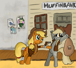Size: 1000x900 | Tagged: safe, artist:beaverblast, applejack, derpy hooves, fluttershy, rainbow dash, pegasus, pony, g4, badge, female, food, gun, knife, mare, muffin, old west, robbery, sack, sheriff, sheriffjack, wanted poster, weapon, western