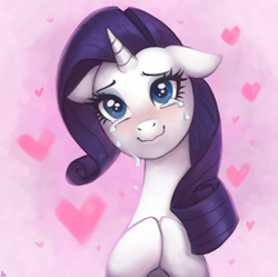 Size: 734x731 | Tagged: dead source, safe, artist:ehfa, rarity, pony, unicorn, g4, blushing, bust, crying, female, floppy ears, happy, heart, hooves together, mare, romantic, solo, tears of joy, teary eyes, wavy mouth