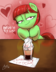 Size: 850x1100 | Tagged: safe, artist:ceehoff, oc, oc only, oc:cherry limeade, bedroom eyes, blowjob (cocktail), drink, heart, note, smiling, solo, valentine