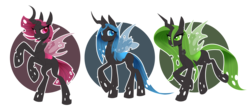 Size: 2158x950 | Tagged: safe, artist:silkensaddle, oc, oc only, changeling, changeling queen, blue changeling, changeling queen oc, commission, female, green changeling, pink changeling, rearing, simple background, transparent background