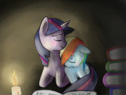 Size: 1600x1200 | Tagged: safe, artist:celine-artnsfw, rainbow dash, twilight sparkle, g4, cuddling, female, lesbian, reading, ship:twidash, shipping, sleeping, snuggling