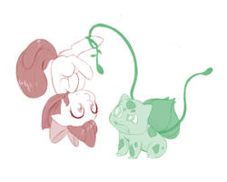 Size: 1000x804 | Tagged: safe, artist:dstears, part of a set, apple bloom, bulbasaur, g4, cmc cape, confused, crossover, duo, floppy ears, frown, gotta catch 'em all, hung upside down, limited palette, pokémon, raised eyebrow, simple background, upside down, vine, white background, wide eyes