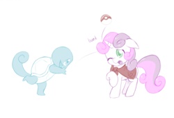 Size: 1100x747 | Tagged: safe, artist:dstears, part of a set, sweetie belle, squirtle, unicorn, g4, cape, clothes, cmc cape, crossover, duo, female, filly, foal, gotta catch 'em all, limited palette, one eye closed, poké ball, pokémon, simple background, sweetie fail, white background