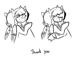 Size: 646x513 | Tagged: safe, artist:redxbacon, oc, oc only, oc:note clip, earth pony, pegasus, pony, black and white, comic, crying, grayscale, hug, monochrome, sad