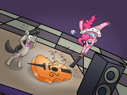 Size: 1600x1200 | Tagged: safe, artist:slagmalsklubben, octavia melody, pinkie pie, earth pony, pony, g4, the best night ever, bipedal, broken, cello, clothes, dignified wear, dress, duo, gala dress, musical instrument, now you fucked up, shocked, speaker, this will end in pain