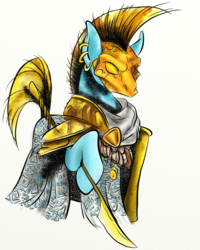 Size: 1000x1250 | Tagged: safe, artist:rannva, pony, armor, commission, ear piercing, earring, golden, jewelry, mask, morrowind, ordinator, piercing, ponified, simple background, solo, spear, the elder scrolls, weapon, white background