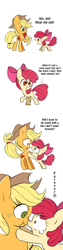 Size: 480x1920 | Tagged: safe, artist:bartolomeus_, apple bloom, applejack, earth pony, pony, g4, apple, applejack's hat, boop, comic, cowboy hat, crying, dialogue, duo, eating, female, filly, food, forever, hat, mare, noseboop, scrunchy face, simple background, sisters, teary eyes, translation, white background