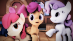 Size: 2560x1440 | Tagged: safe, artist:redaceofspades, apple bloom, scootaloo, sweetie belle, g4, 3d, cutie mark crusaders, ponies riding ponies, riding, room, scootaloo riding apple bloom, source filmmaker