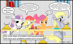 Size: 1600x969 | Tagged: safe, artist:voidsythe, apple bloom, derpy hooves, scootaloo, sweetie belle, pegasus, pony, zombie, g4, call center, chains, china, cutie mark crusaders, dungeon, female, mare