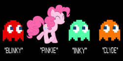 Size: 900x445 | Tagged: safe, pinkie pie, g4, blinky, clyde, crossover, inky, namesake, pac-man, pinky (pac-man), pun