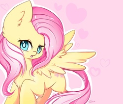 Size: 1181x1000 | Tagged: safe, artist:teranen, fluttershy, pegasus, pony, g4, :o, big ears, chest fluff, colored pupils, ear fluff, female, fluffy, looking at you, open mouth, solo, spread wings, wings